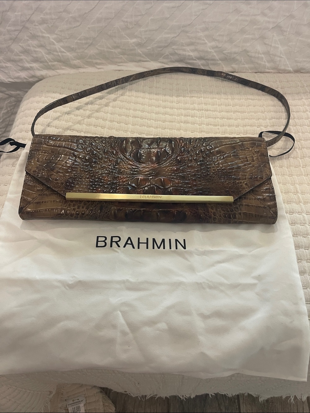Brahmin Brown Croc-Embossed Leather Clutch with Gold Bar